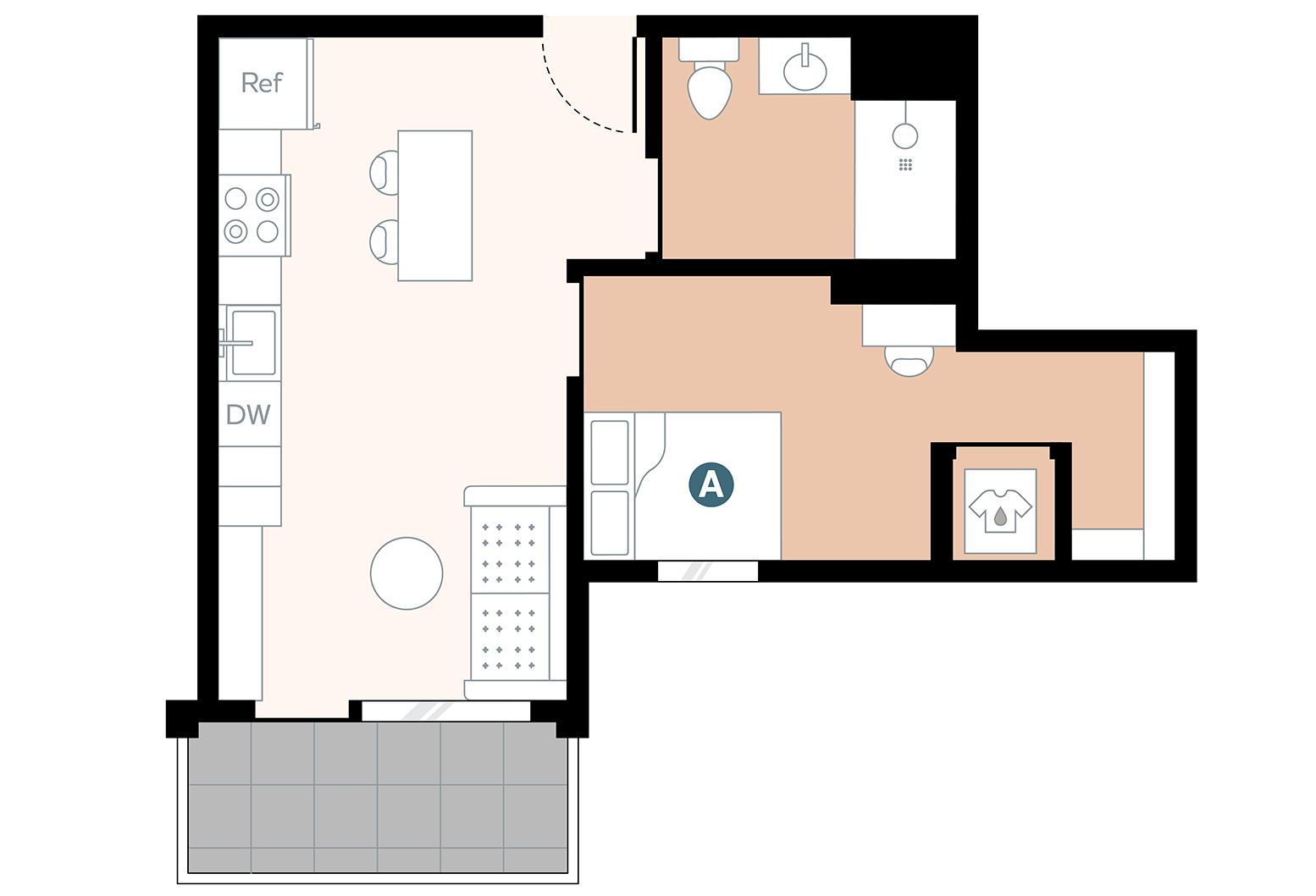 Rendering for 1X1 B floor plan